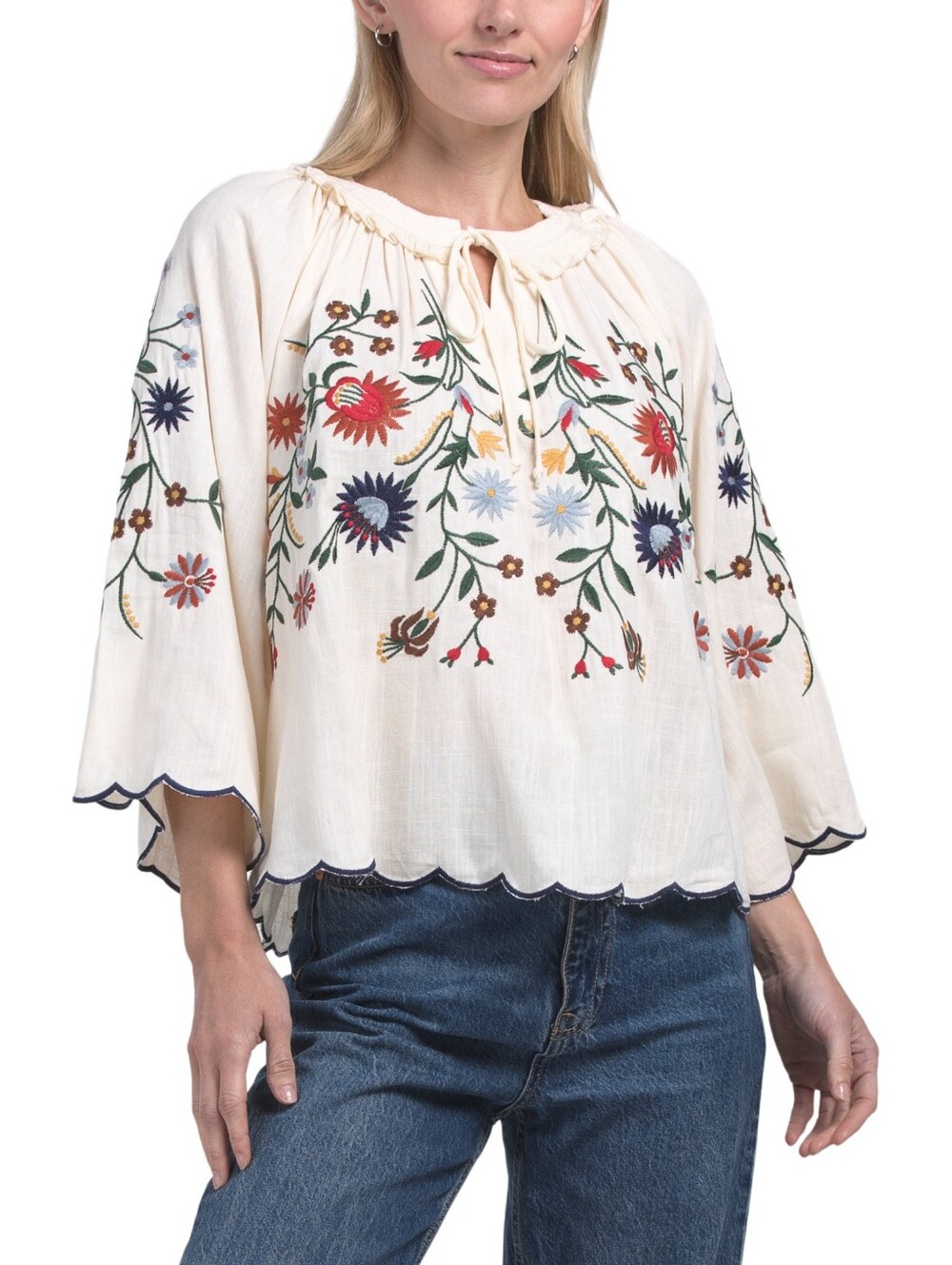 Solitaire Embroidered Peasant Blouse in Cream with Multicolor Floral Accents NWT